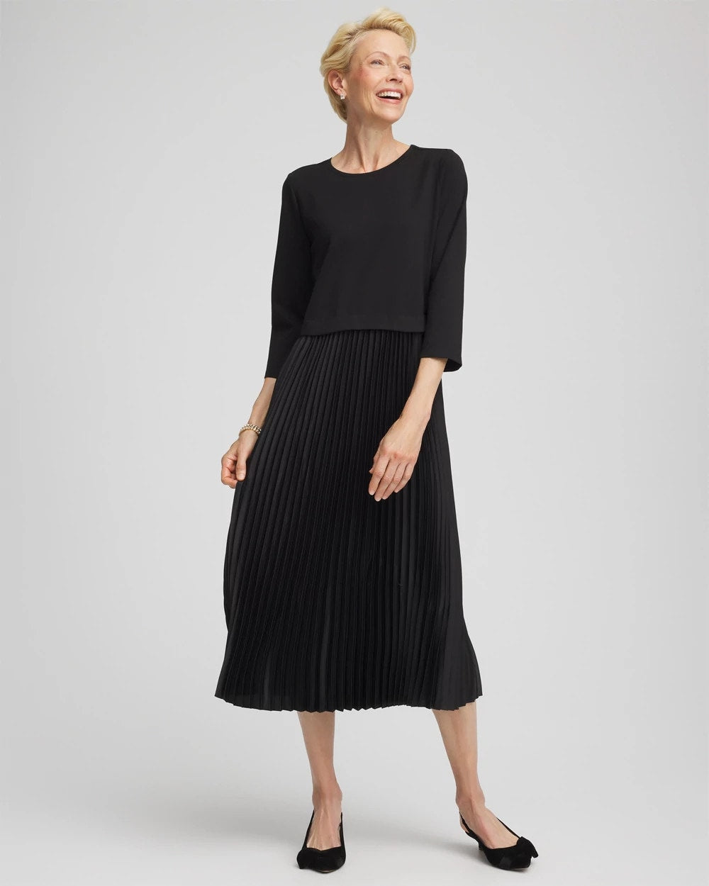 Chico's Satin-Knit Pleated Maxi Dress BLACK