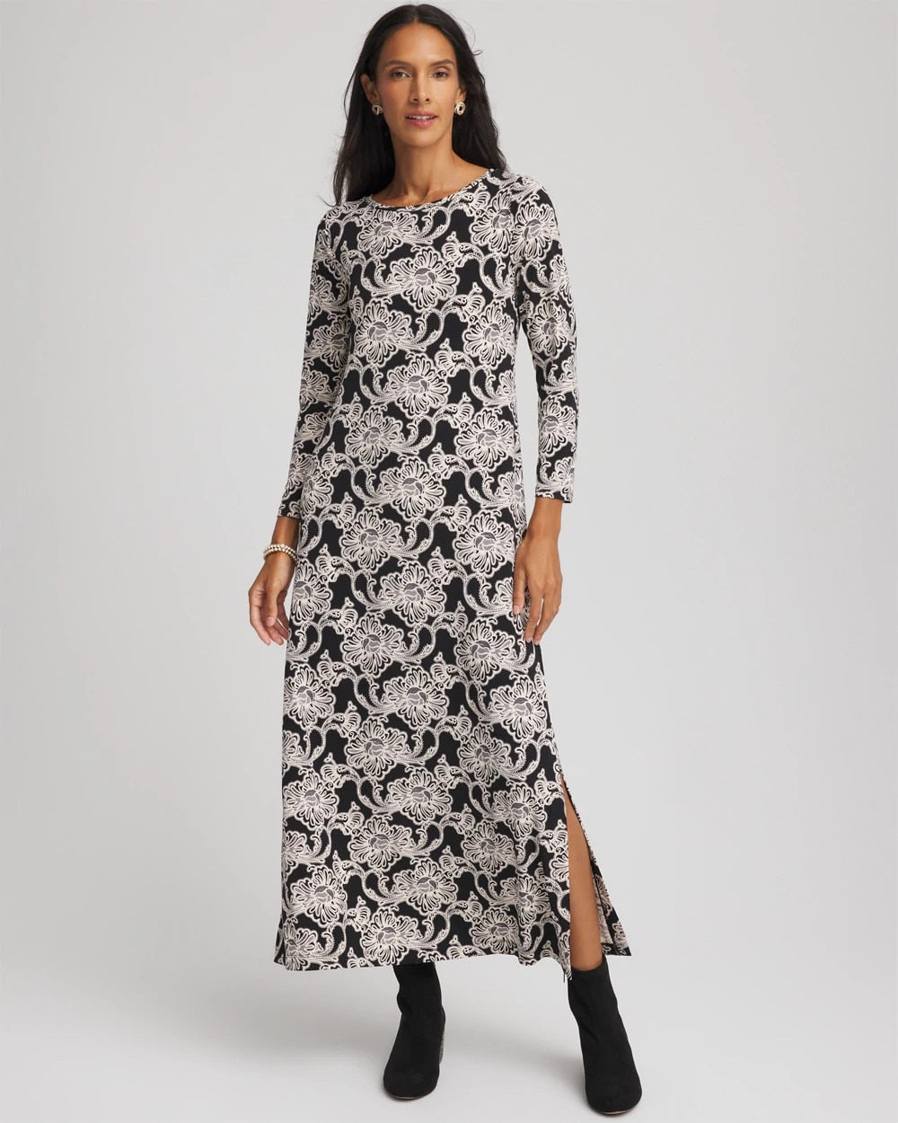 Chico's Printed Jersey Knit Maxi Dress BLACK