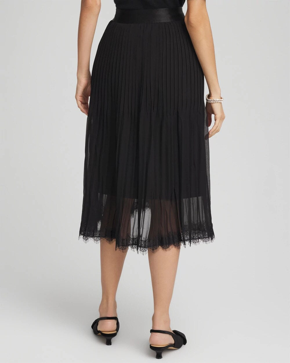 Chico's Pleated Lace Hem Midi Skirt BLACK