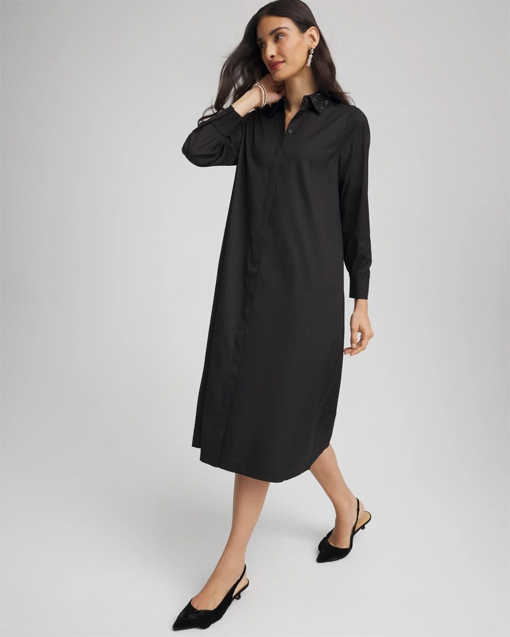 Chico's Sequin Collar Midi Shirtdress BLACK