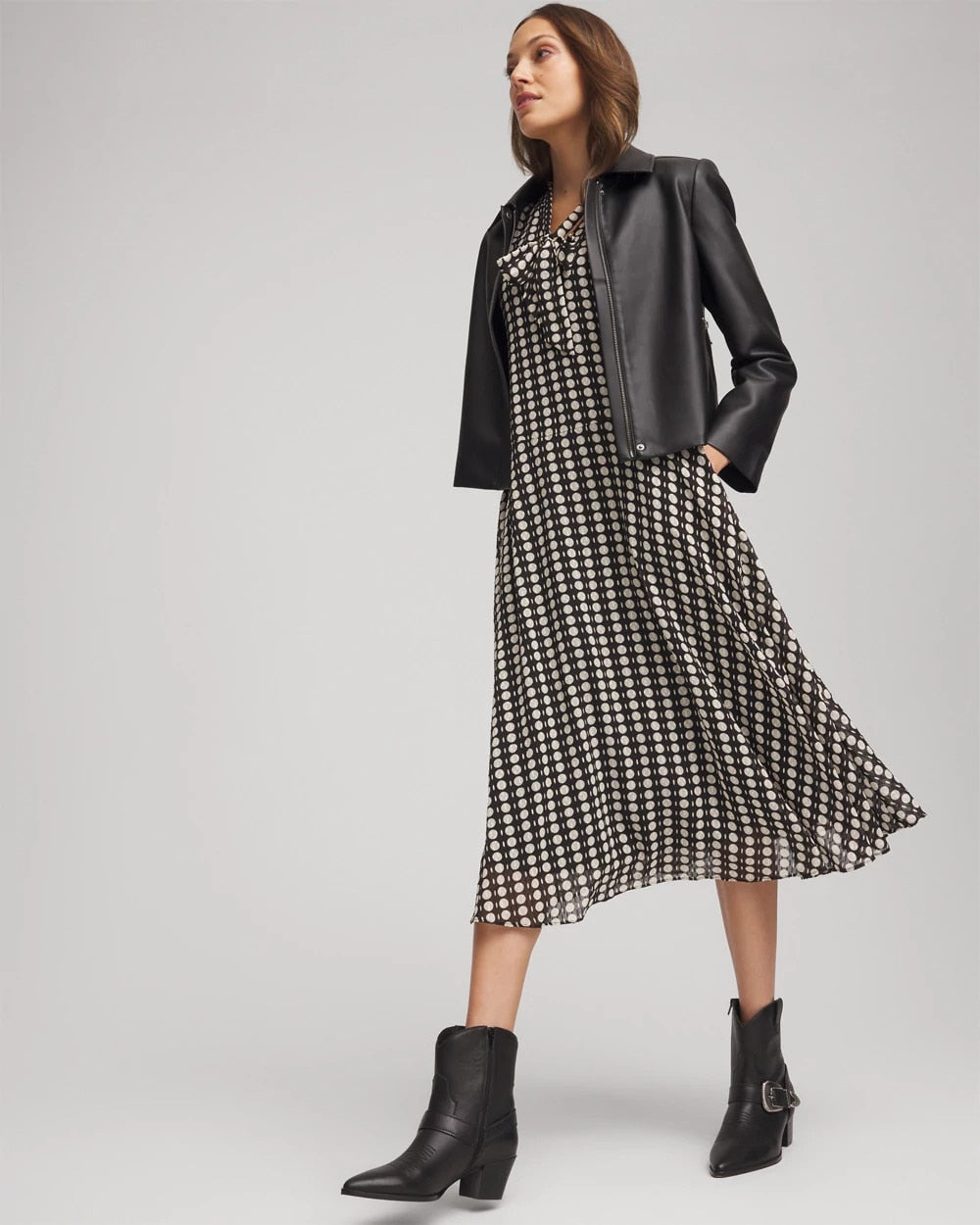 Chico's Chiffon Clip-Dot Tie-Neck Dress BLACK