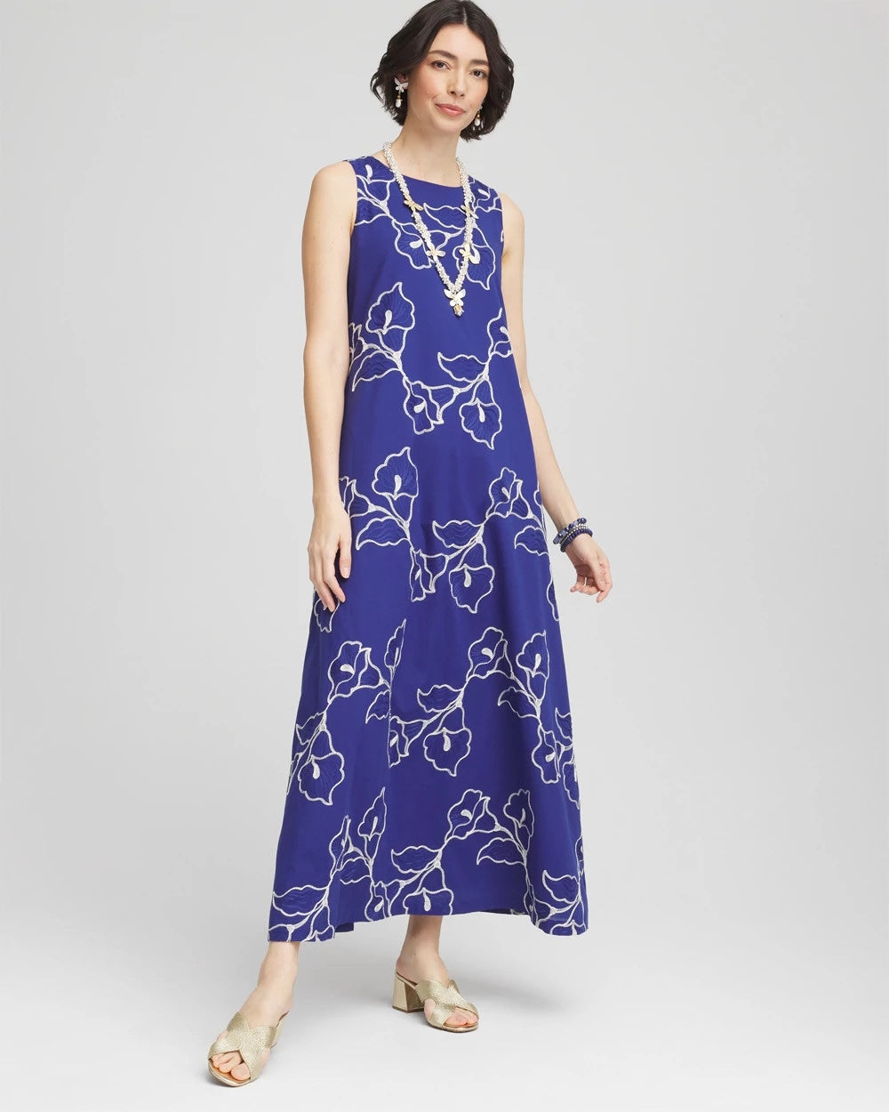Chico's Embroidered Sleeveless Maxi Dress BLUE CASA