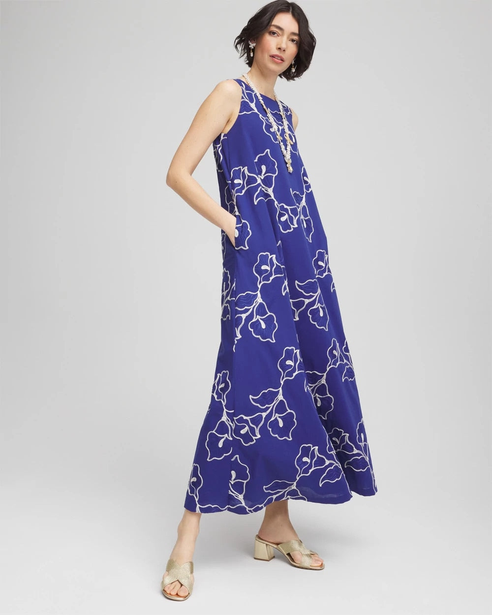 Chico's Embroidered Sleeveless Maxi Dress BLUE CASA