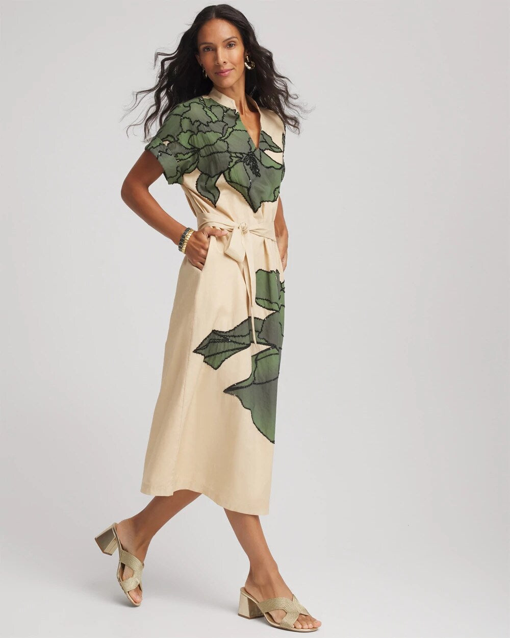 Chico's Printed Cotton-Voile Popover Midi Dress SANDSTONE