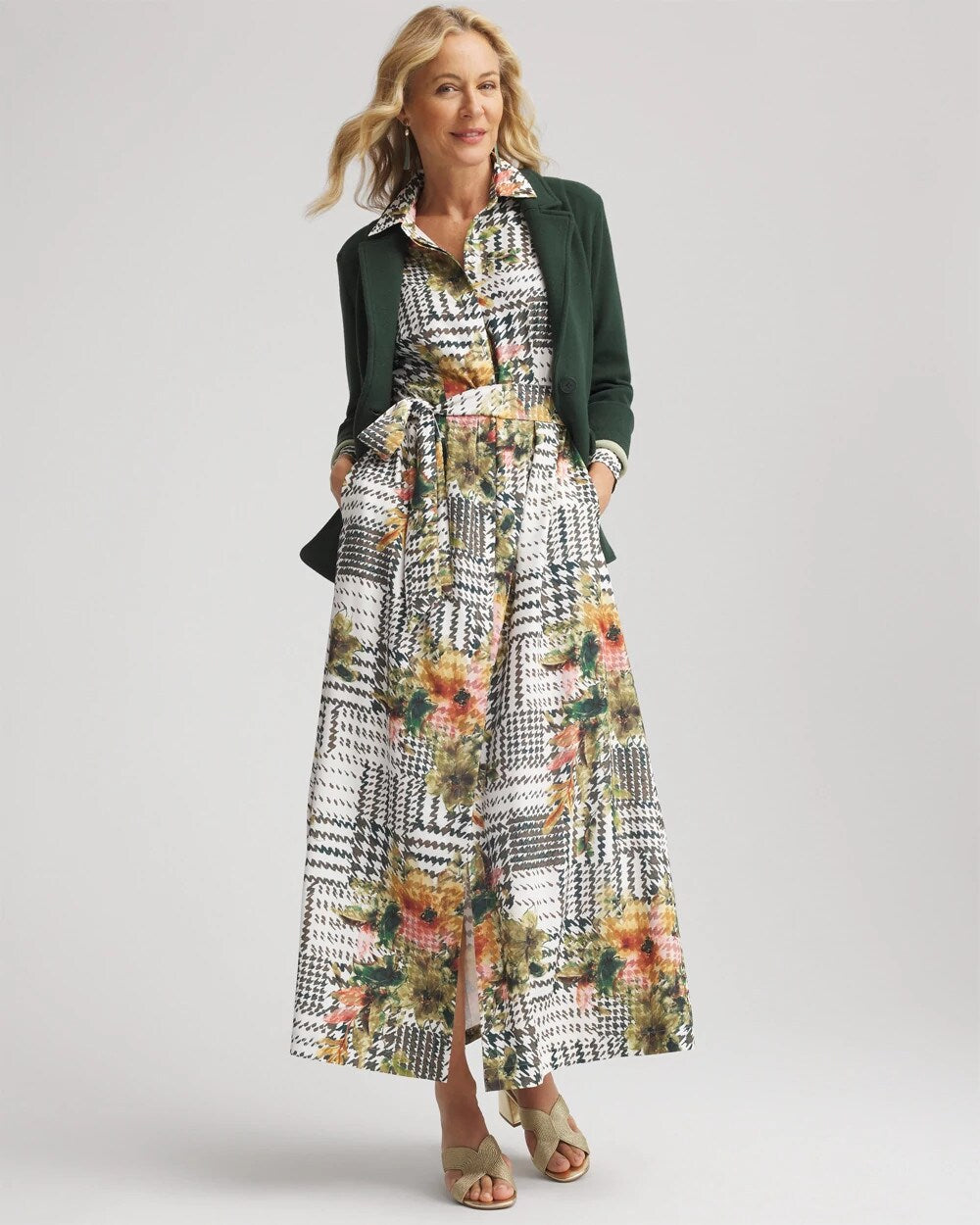 Chico's Artisanal Floral Print  Maxi Shirtdress ECRU