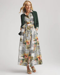 Chico's Artisanal Floral Print  Maxi Shirtdress ECRU
