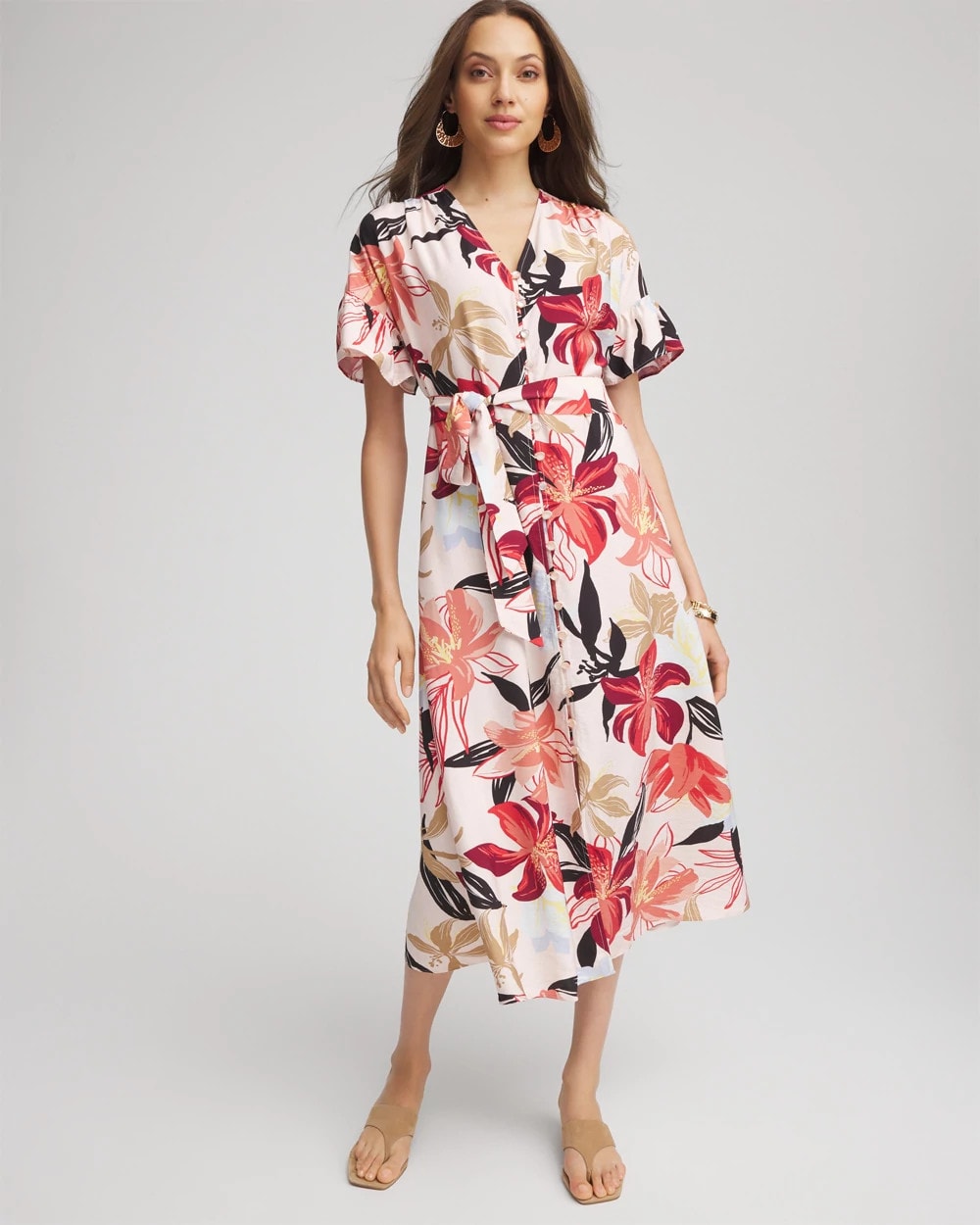 Chico's Tonal Floral Ruffle-Sleeved Midi Dress MULTI