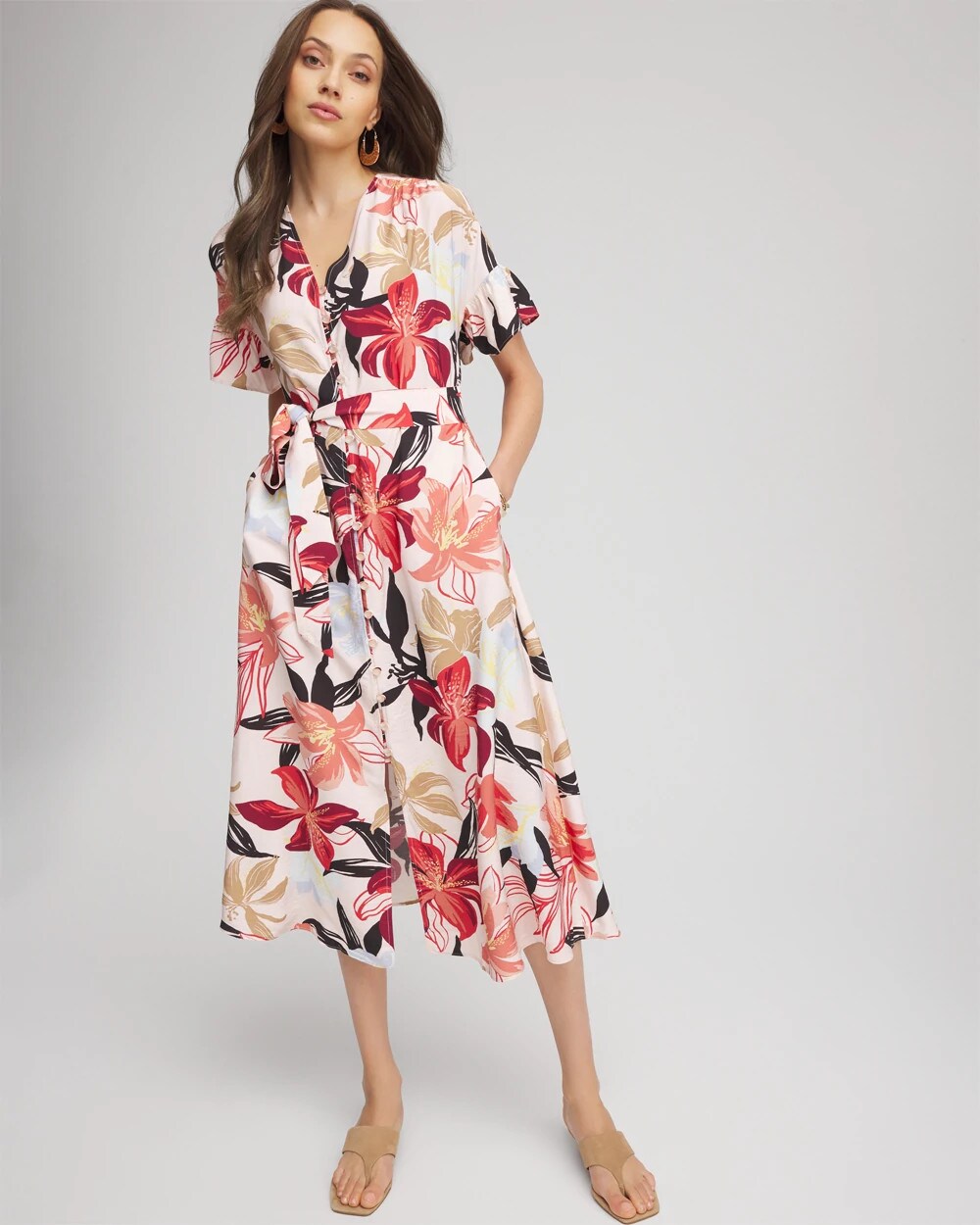 Chico's Tonal Floral Ruffle-Sleeved Midi Dress MULTI