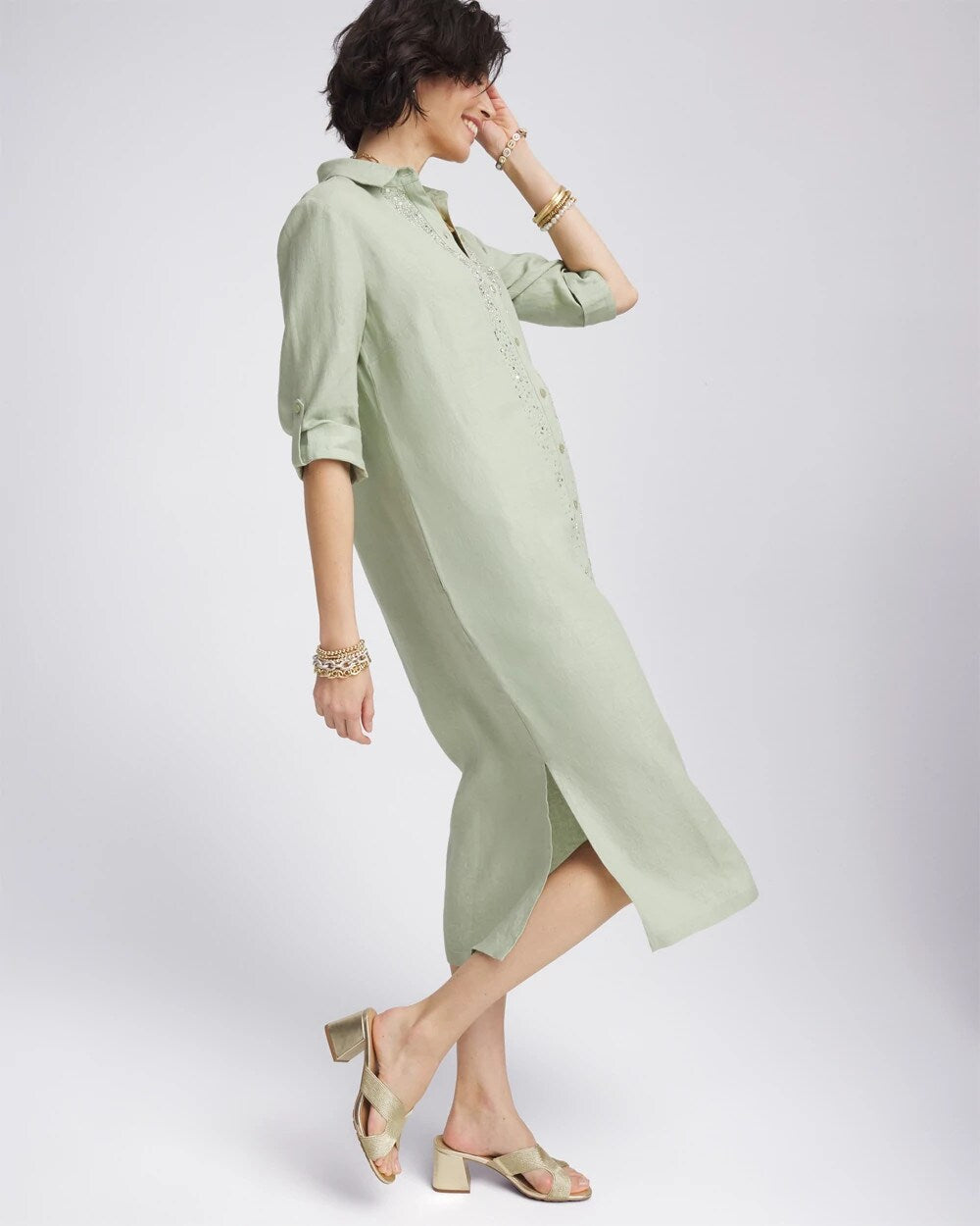 Chico's Linen Embellished Midi Shirt Dress MOROCCAN MINT