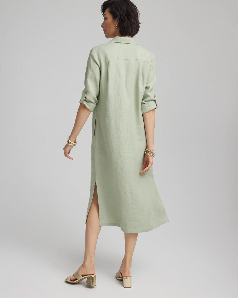 Chico's Linen Embellished Midi Shirt Dress MOROCCAN MINT