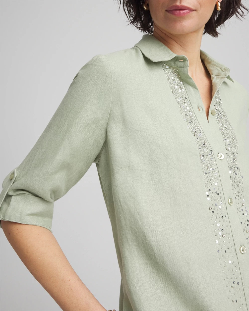 Chico's Linen Embellished Midi Shirt Dress MOROCCAN MINT