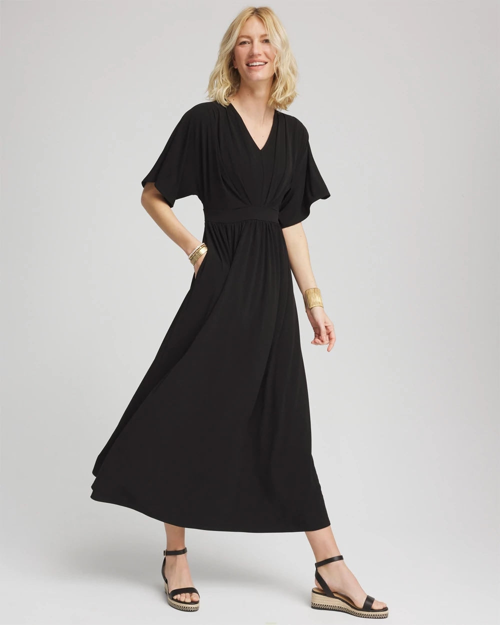 Chico's Flutter-Sleeved Jersey Maxi Dress BLACK