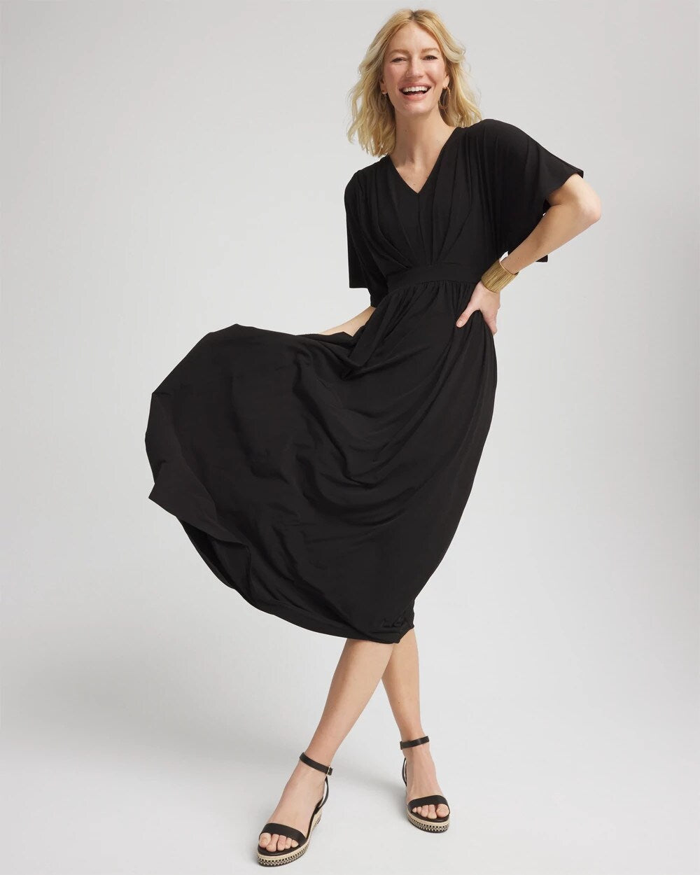 Chico's Flutter-Sleeved Jersey Maxi Dress BLACK