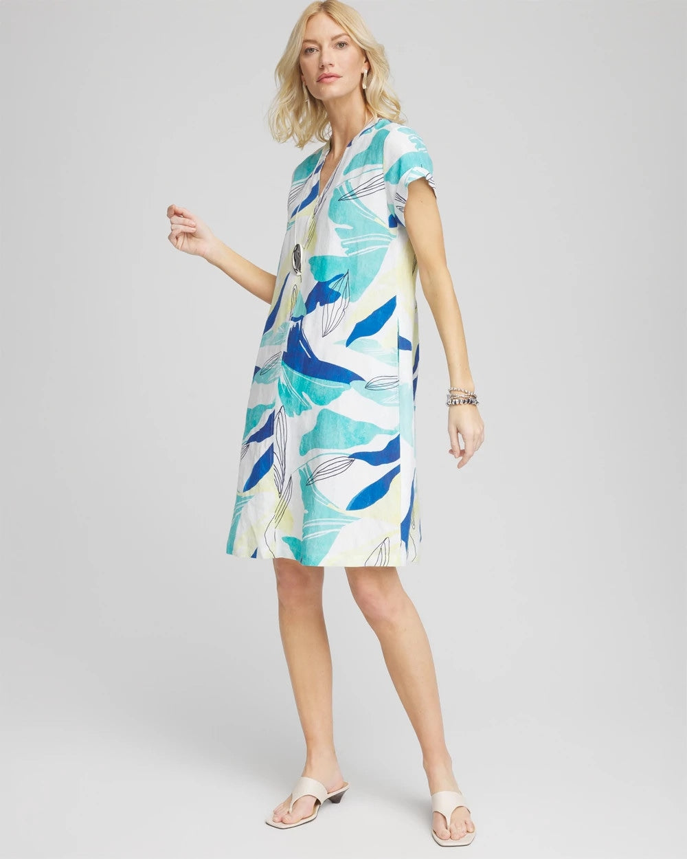 Chico's Cuff Sleeve Linen Dress MULTI