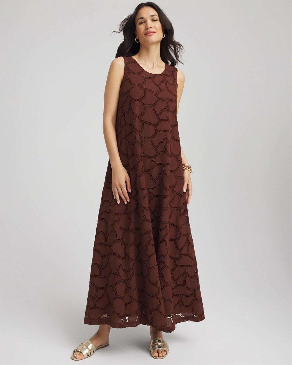 Chico's Eyelet Cutout Maxi Tank Dress CACAO