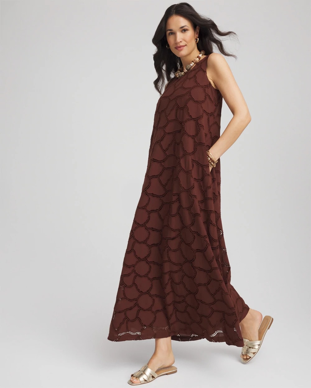 Chico's Eyelet Cutout Maxi Tank Dress CACAO