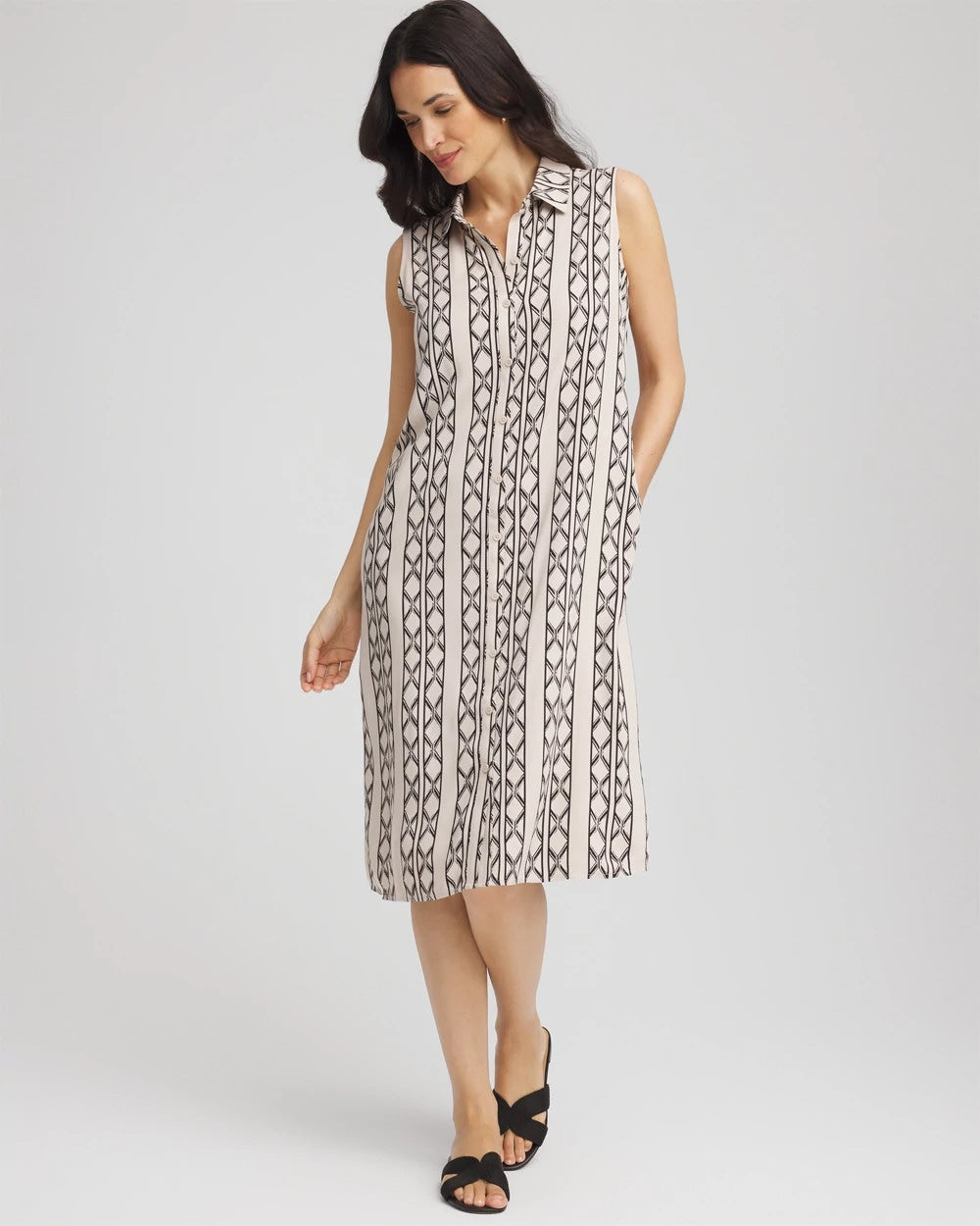 Chico's Printed Sleeveless Silk-Twill Shirtdress BLACK