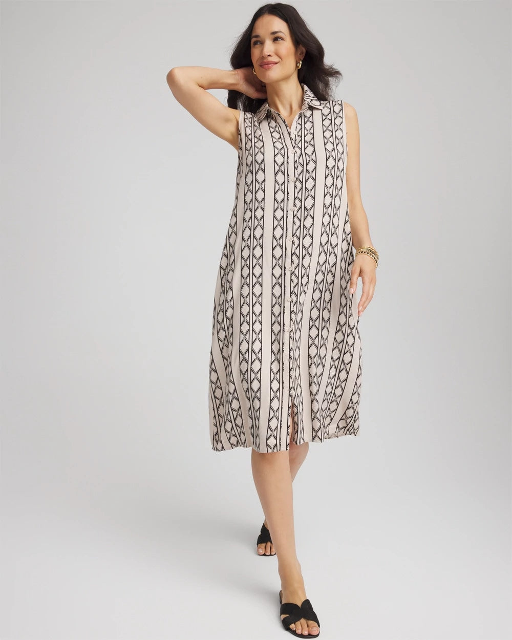 Chico's Printed Sleeveless Silk-Twill Shirtdress BLACK