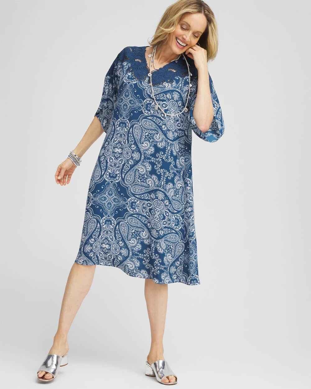 Chico's Crepe Lace-Neck Dress SEAPORT BLUE