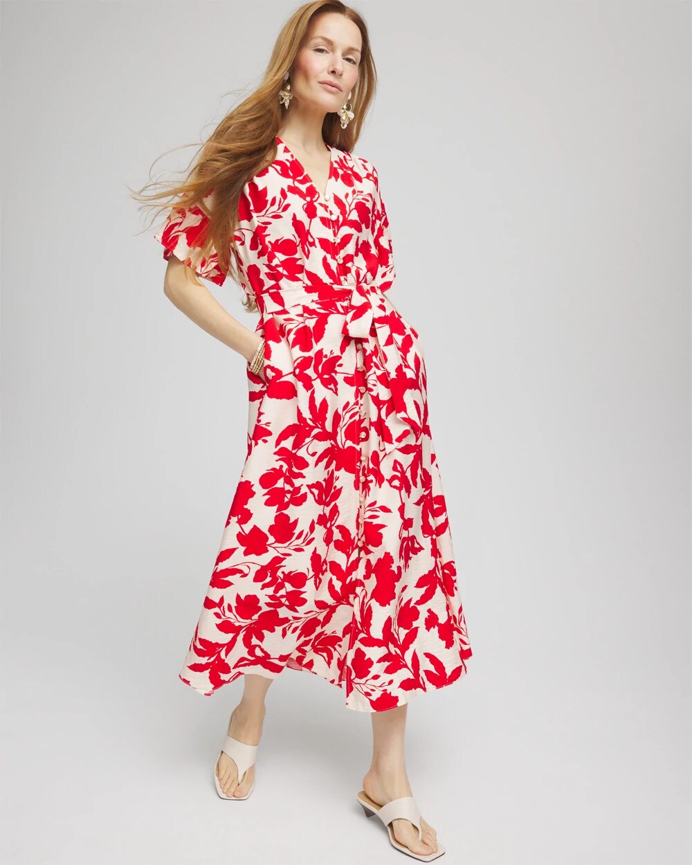 Chico's Floral Ruffle-Sleeved Midi Dress ECRU