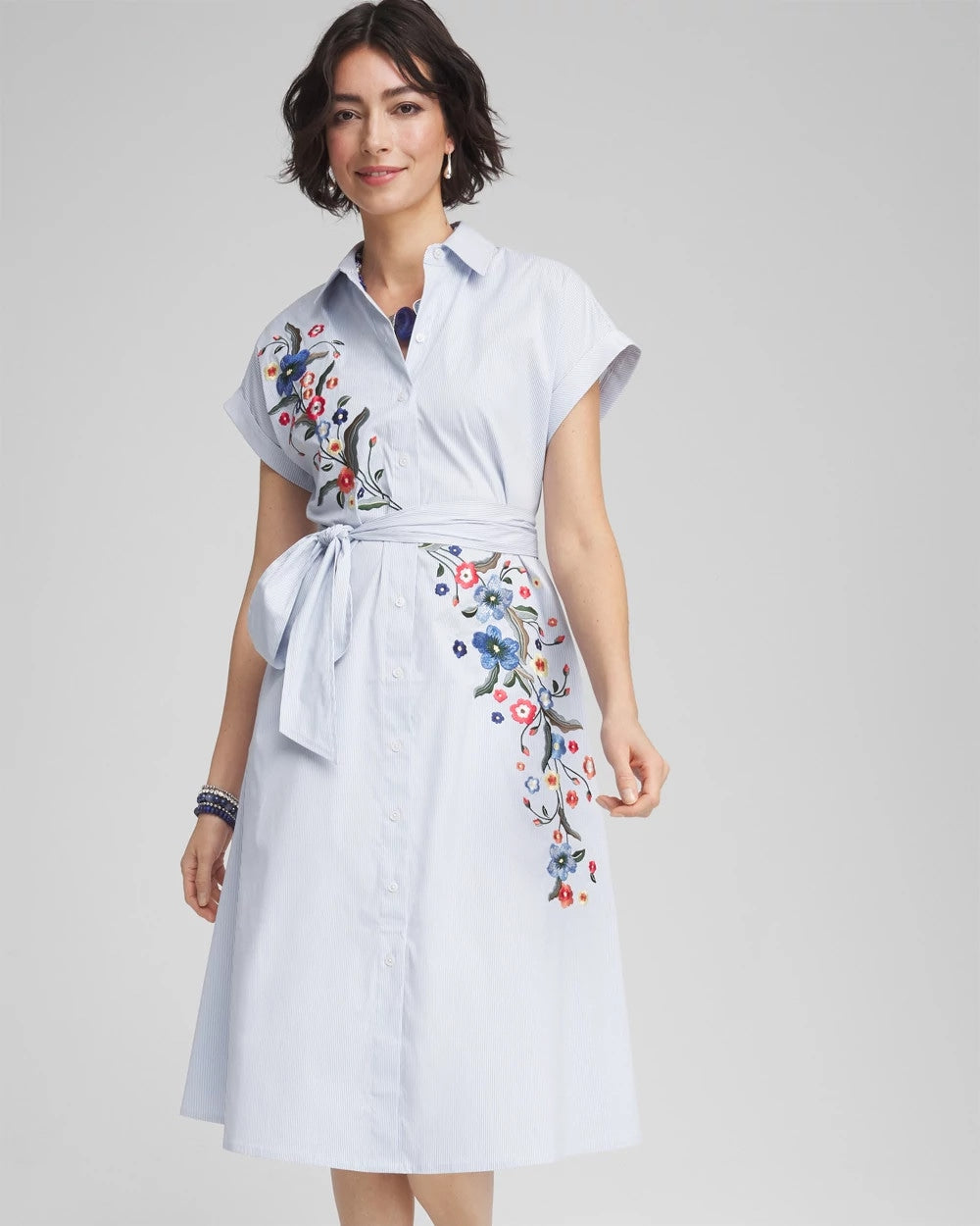 Chico's Striped Embroidered Poplin Midi Shirtdress ALABASTER