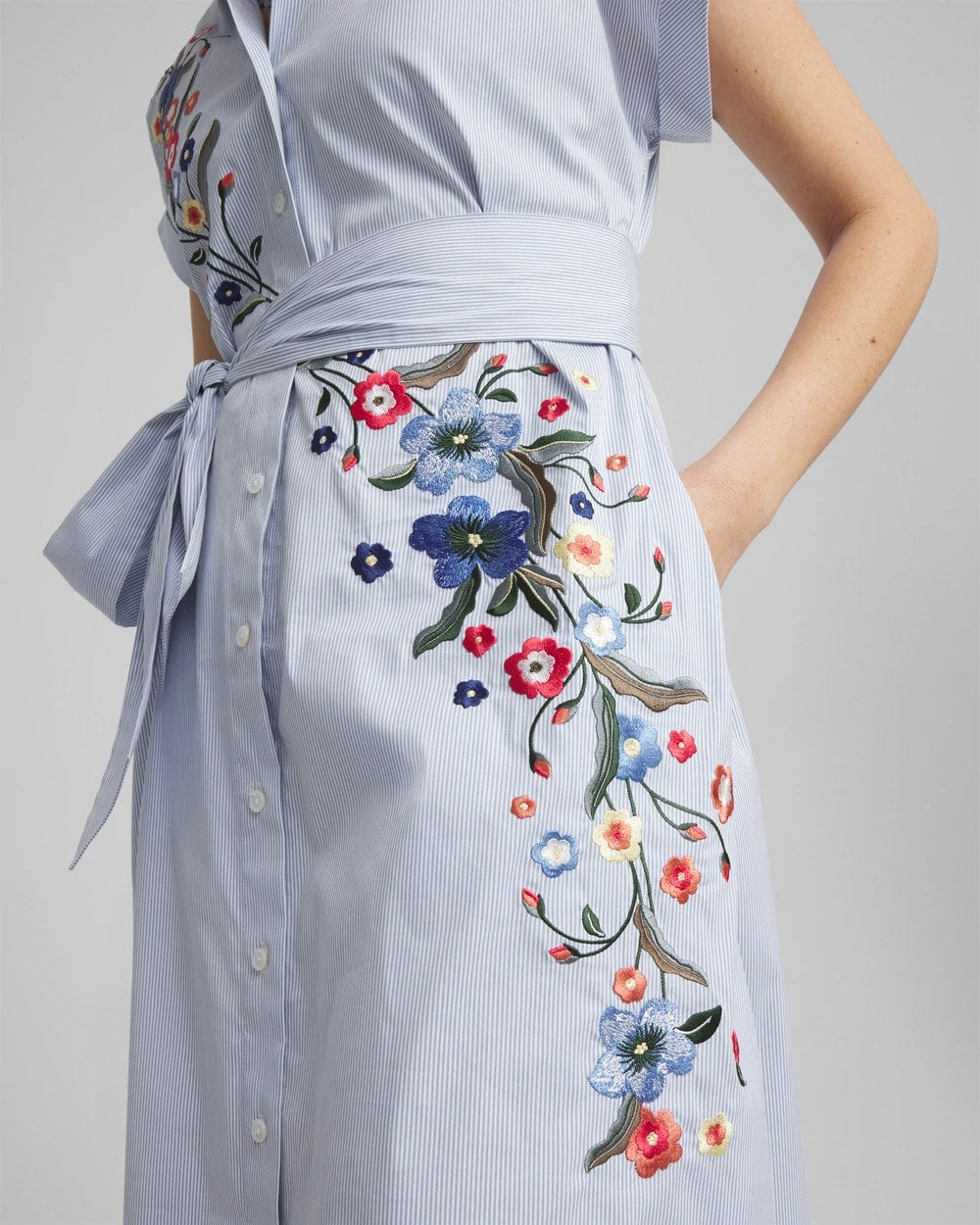 Chico's Striped Embroidered Poplin Midi Shirtdress ALABASTER