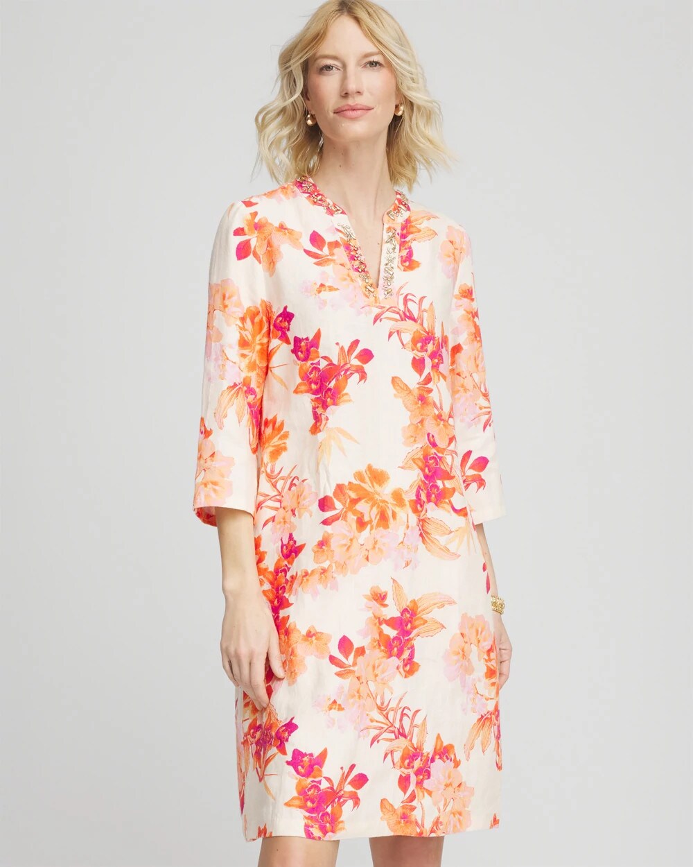 Chico's Embellished Linen Kurta Dress ECRU