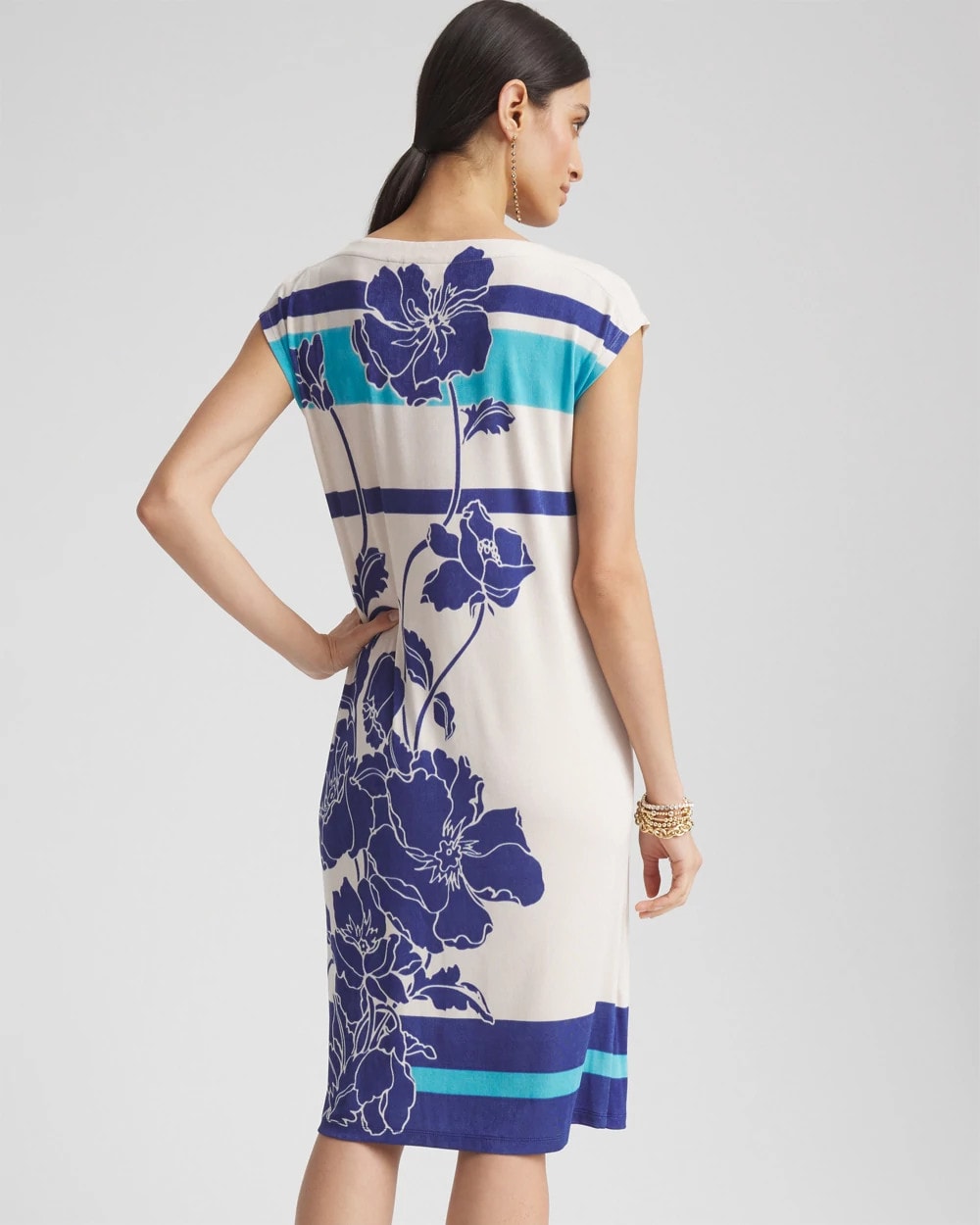 Chico's Travelers™ Wildflower Cap-Sleeved Column Dress BLUE CASA