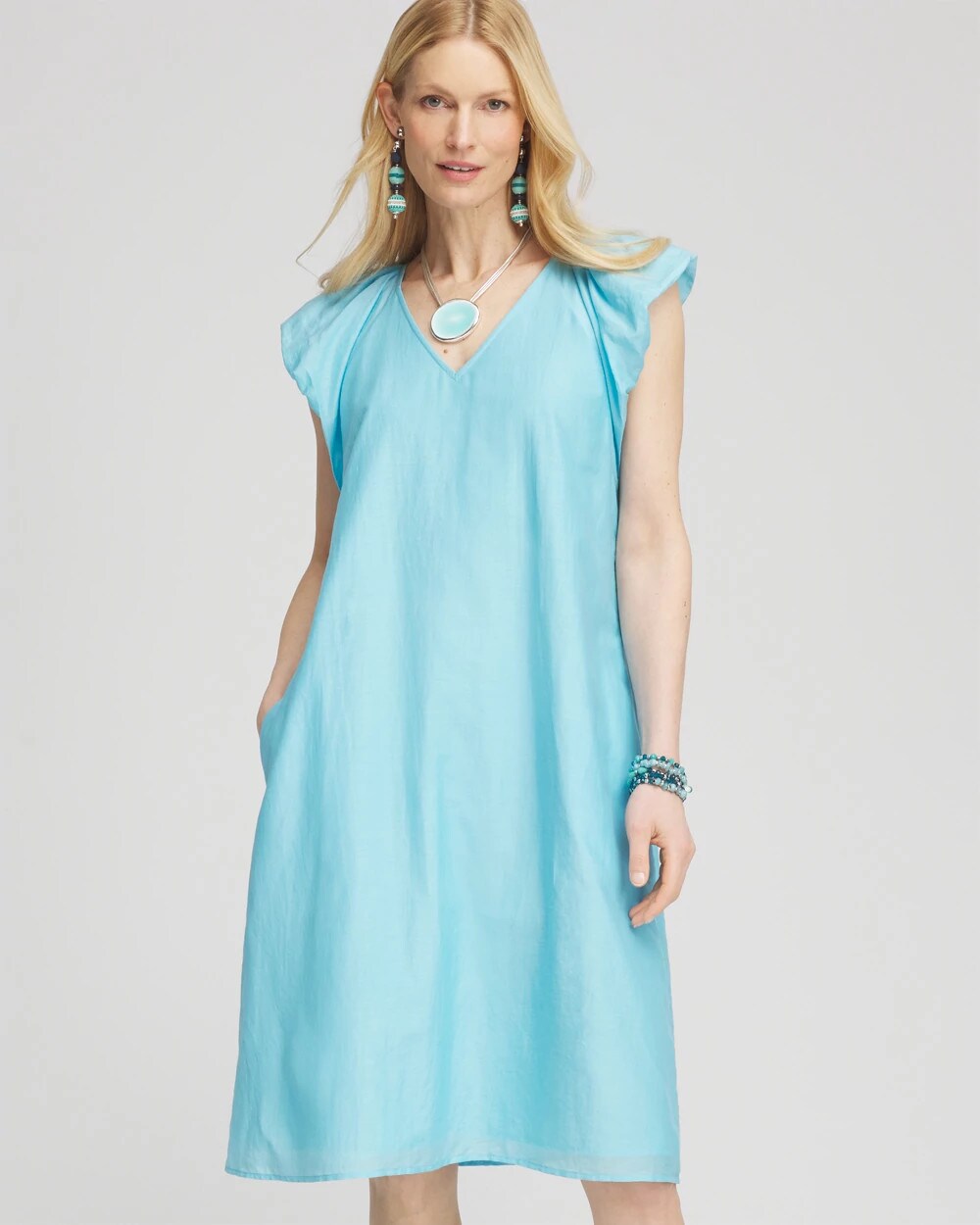 Chico's Cotton-Silk Voile Popover Dress PARADISO BLUE
