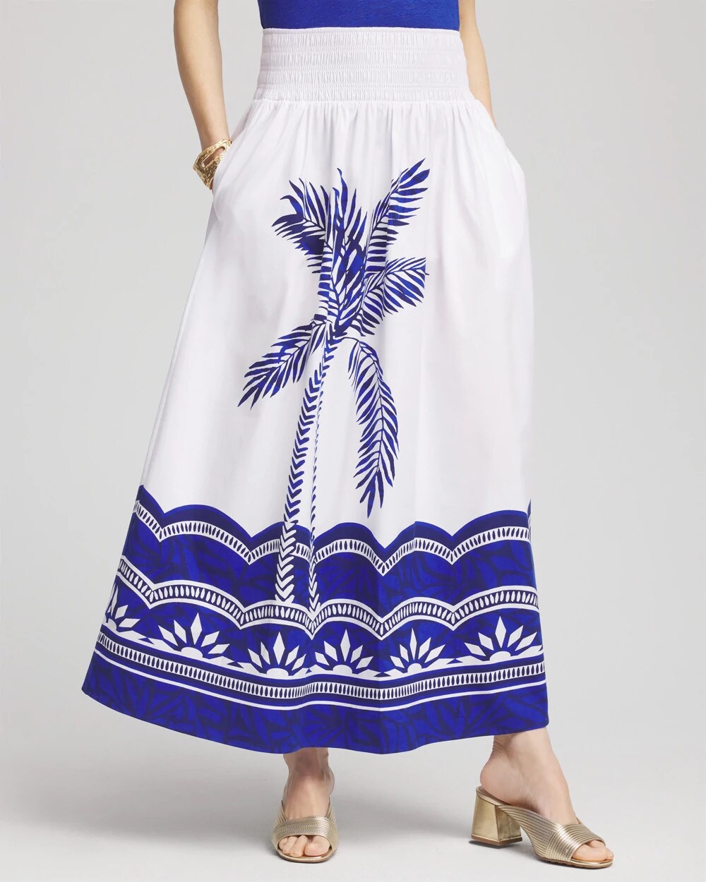 Chico's Tropical Smocked Waist Pull-On Skirt ALABASTER