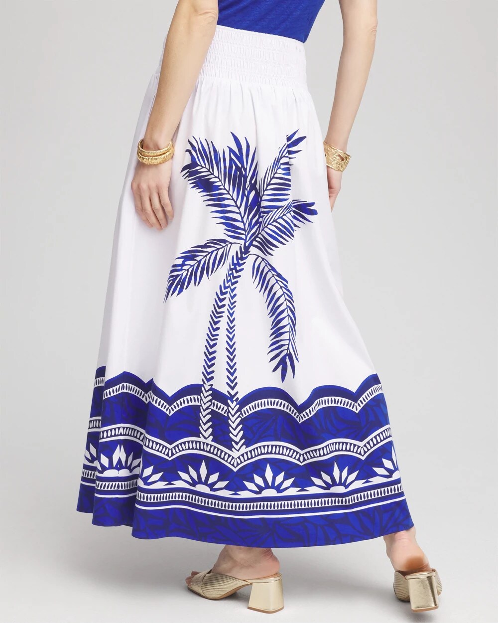 Chico's Tropical Smocked Waist Pull-On Skirt ALABASTER