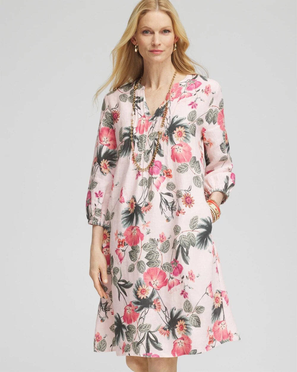 Chico's Floral Linen Pintuck 3/4 Sleeved Dress MULTI