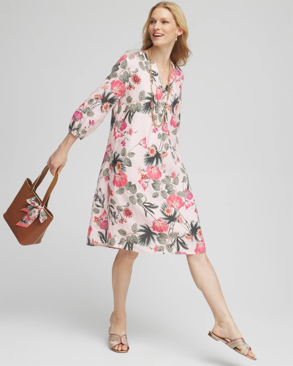 Chico's Floral Linen Pintuck 3/4 Sleeved Dress MULTI