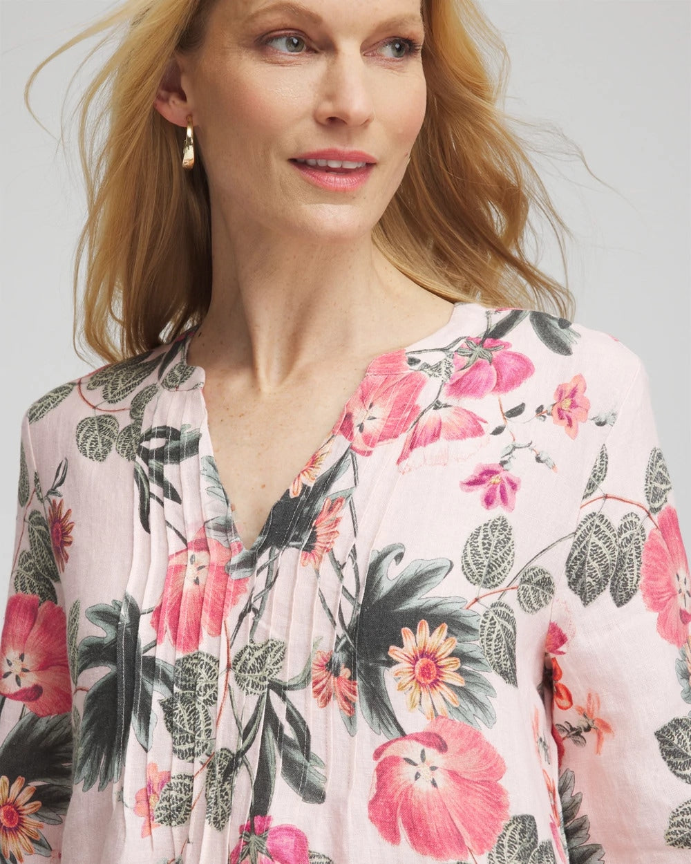 Chico's Floral Linen Pintuck 3/4 Sleeved Dress MULTI