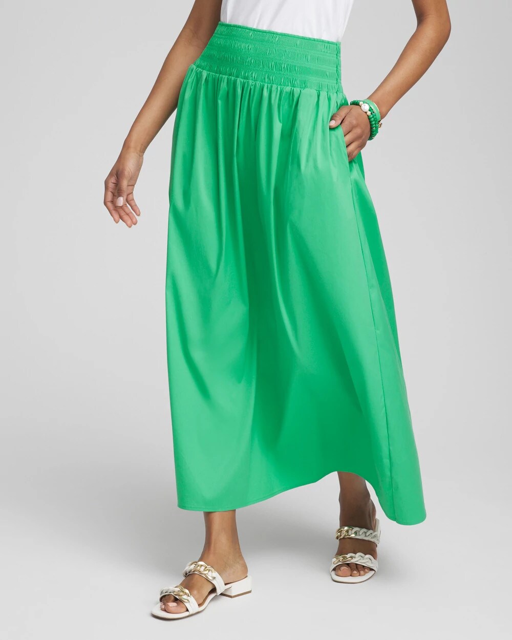 Chico's Poplin Smocked Waist Skirt GRASSY GREEN