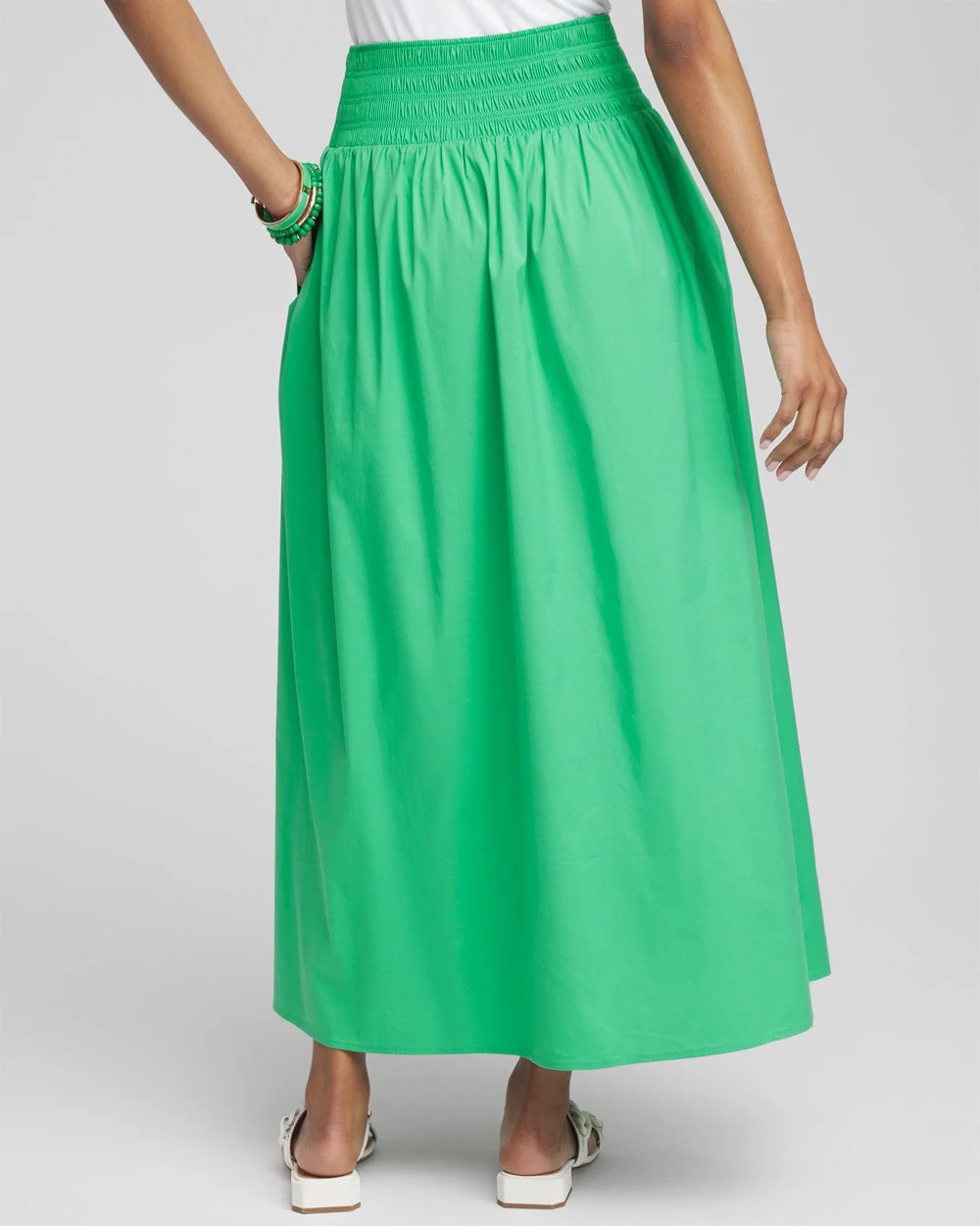 Chico's Poplin Smocked Waist Skirt GRASSY GREEN
