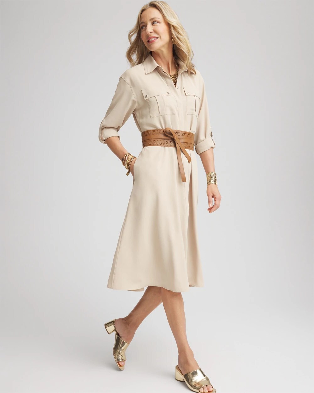 Chico's Twill Belted Midi Shirtdress WILD TRUFFLE