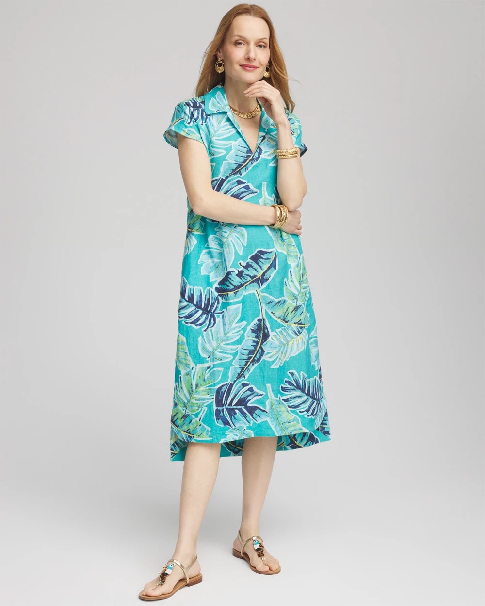 Chico's Tropical Linen Midi Dress SEASPRAY