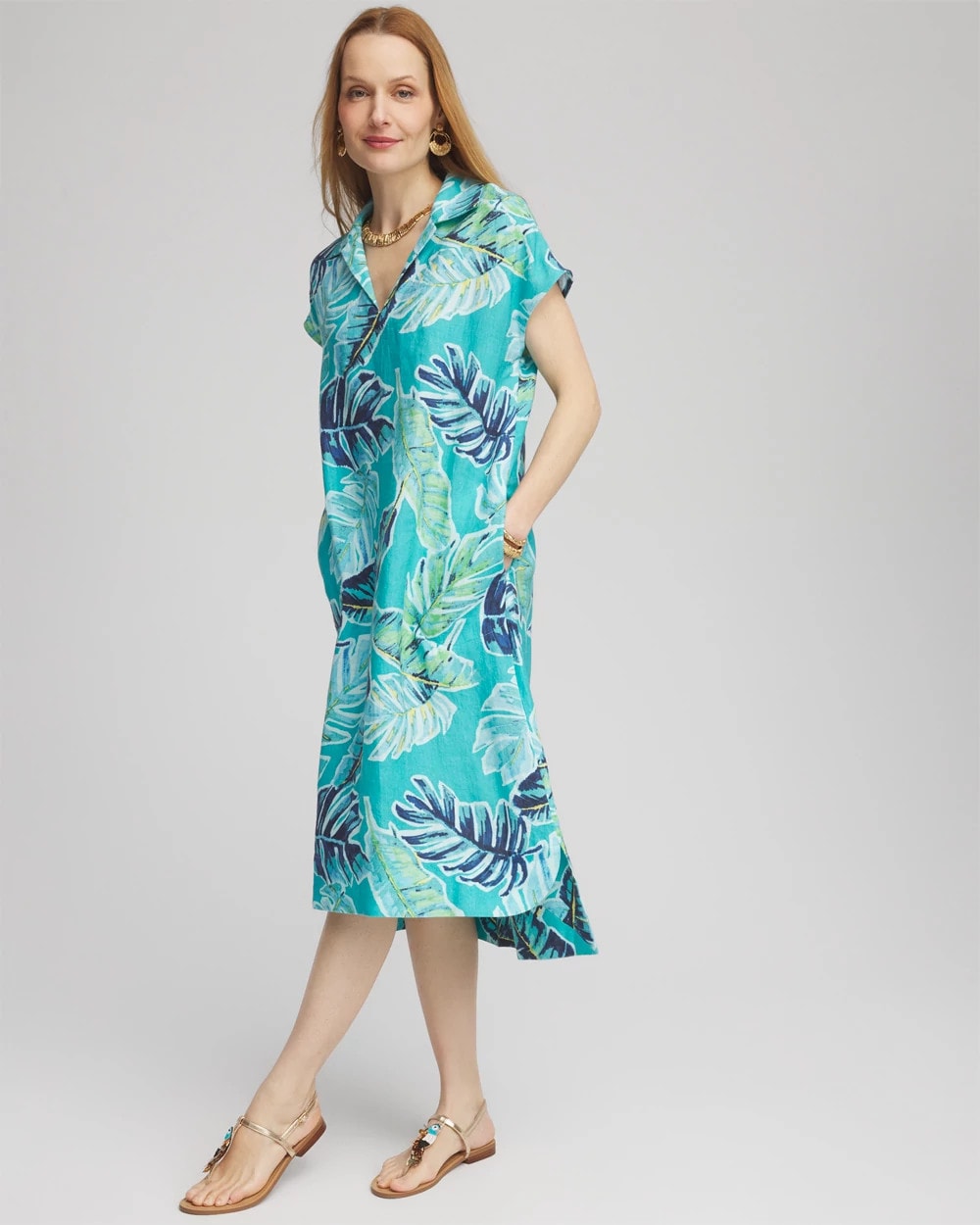 Chico's Tropical Linen Midi Dress SEASPRAY