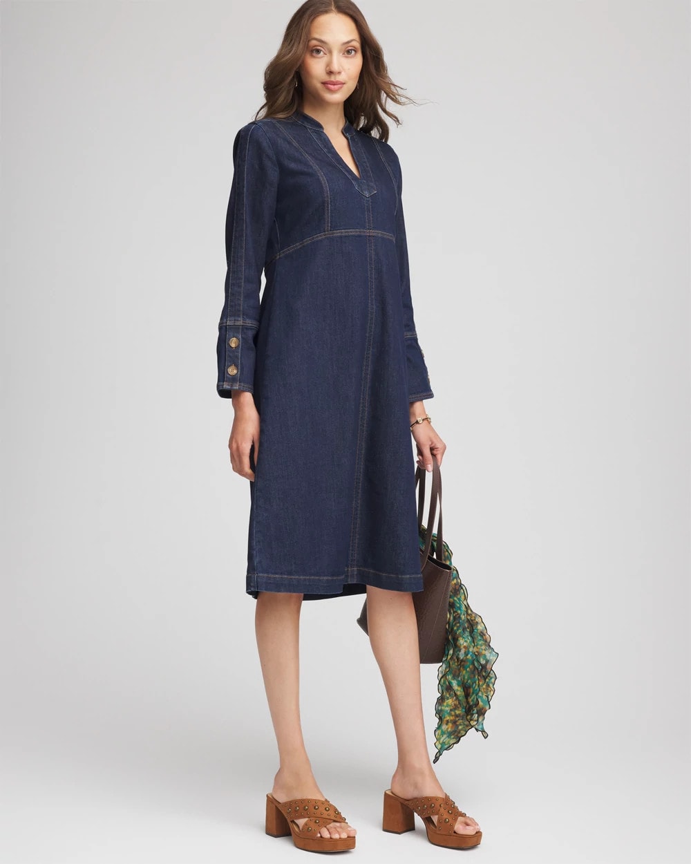 Chico's Denim Splitneck Knee-Length Dress MEDIUM DENIM