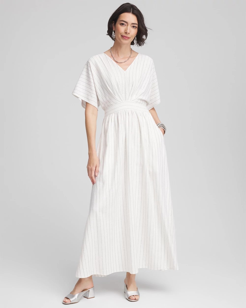 Chico's Metallic Striped Maxi Dress ECRU