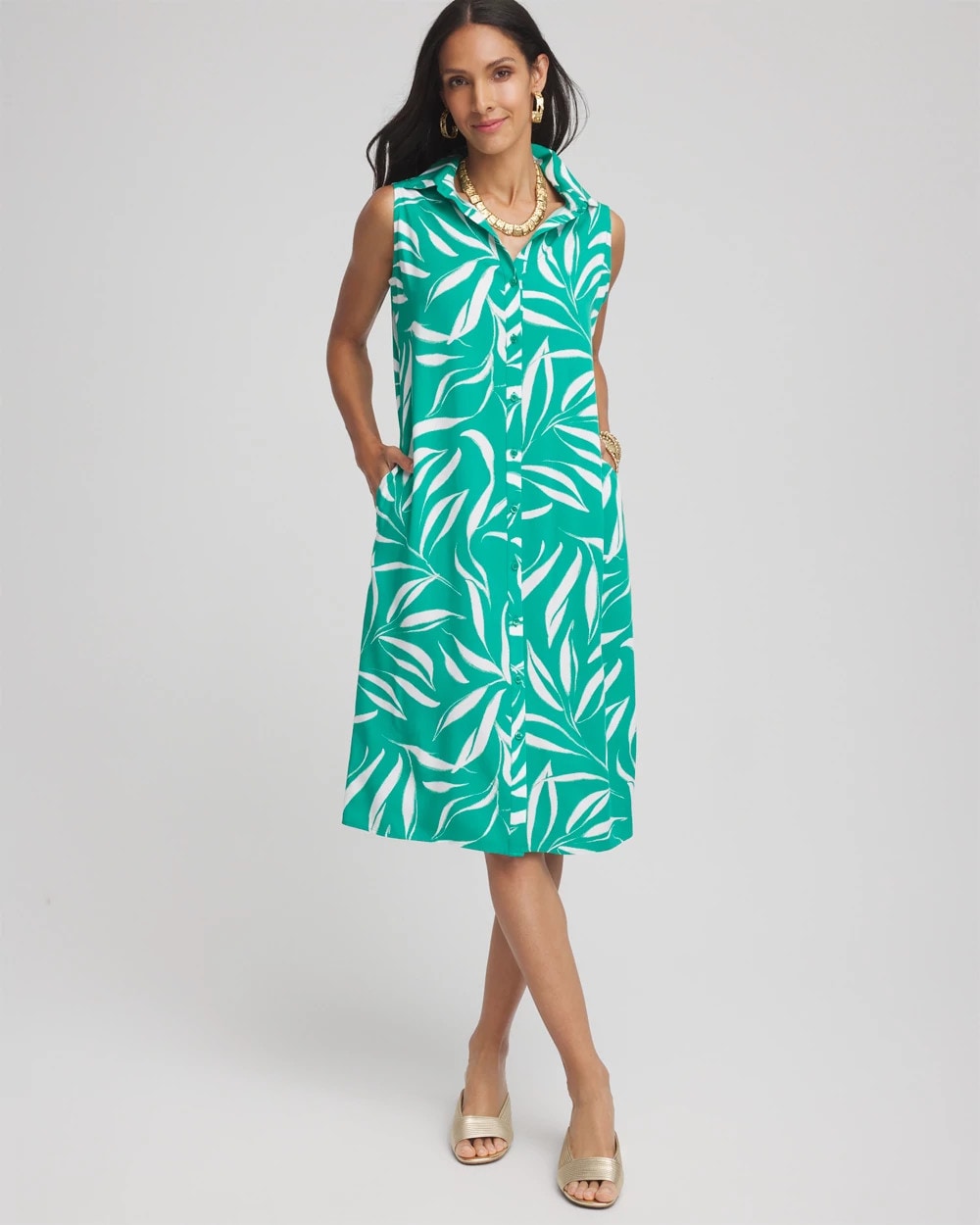 Chico's Rayon Silk Sleeveless Shirtdress EDEN GREEN