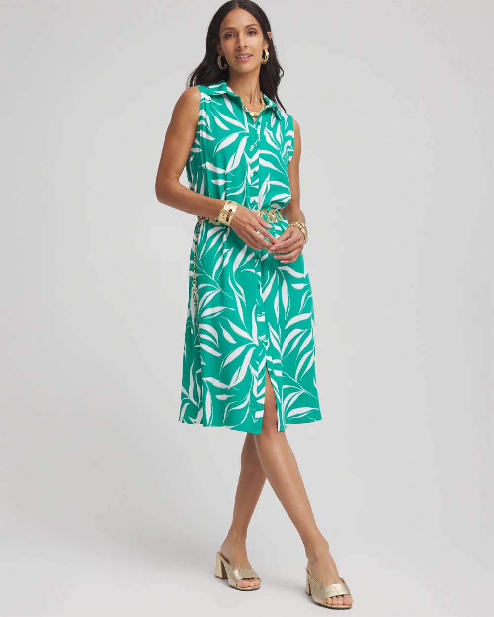 Chico's Rayon Silk Sleeveless Shirtdress EDEN GREEN