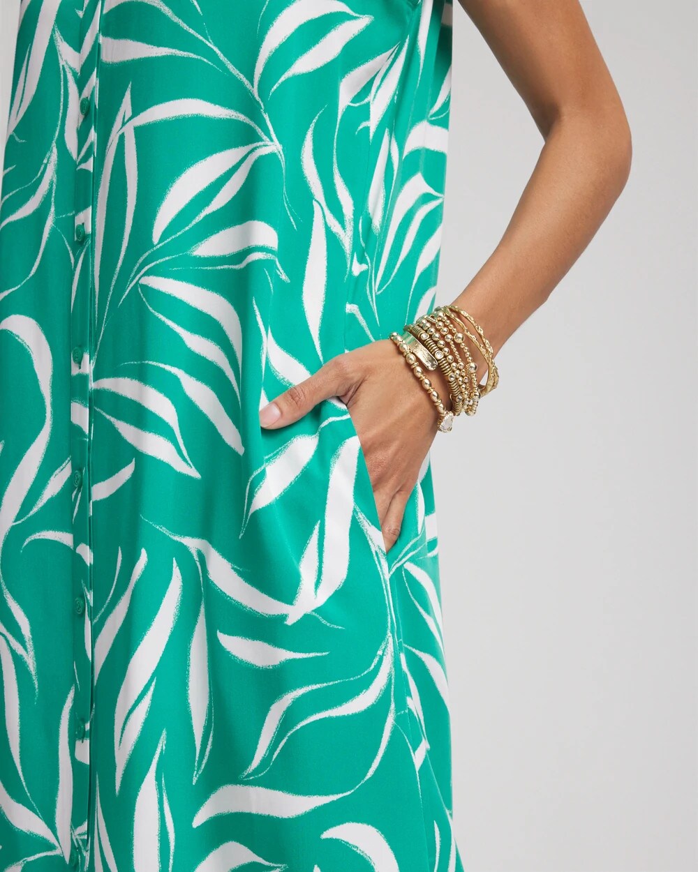 Chico's Rayon Silk Sleeveless Shirtdress EDEN GREEN