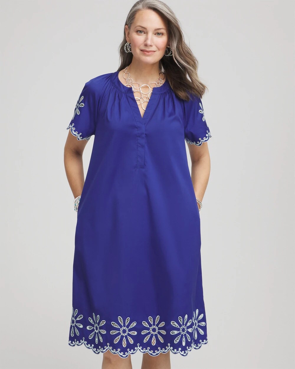 Chico's Embroidered Poplin Popover Dress BLUE CASA