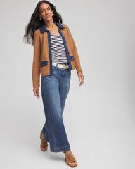 Chico's Collared Denim Trim Cardigan CARAMEL APPLE HEATHER