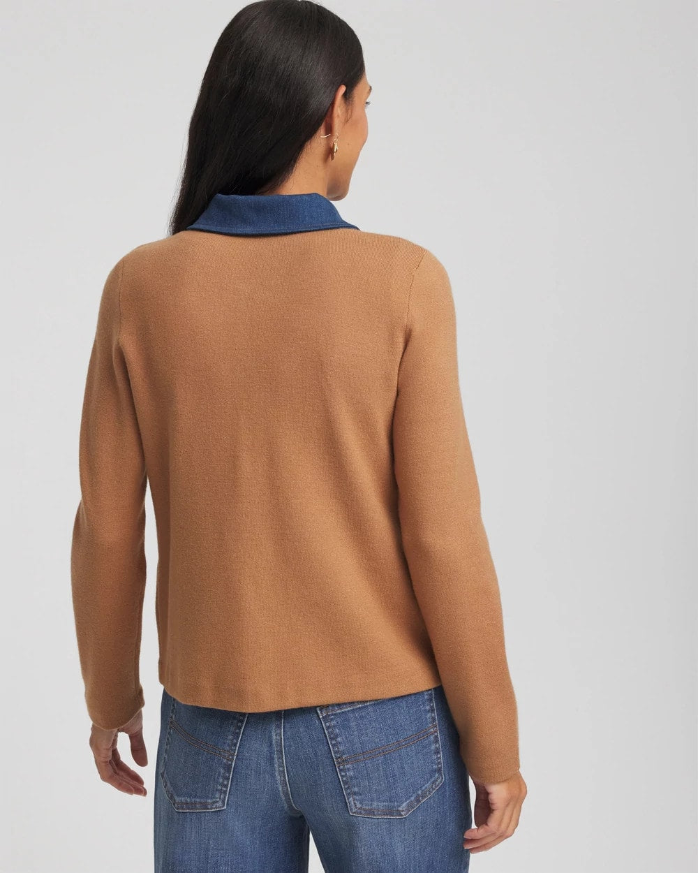 Chico's Collared Denim Trim Cardigan CARAMEL APPLE HEATHER