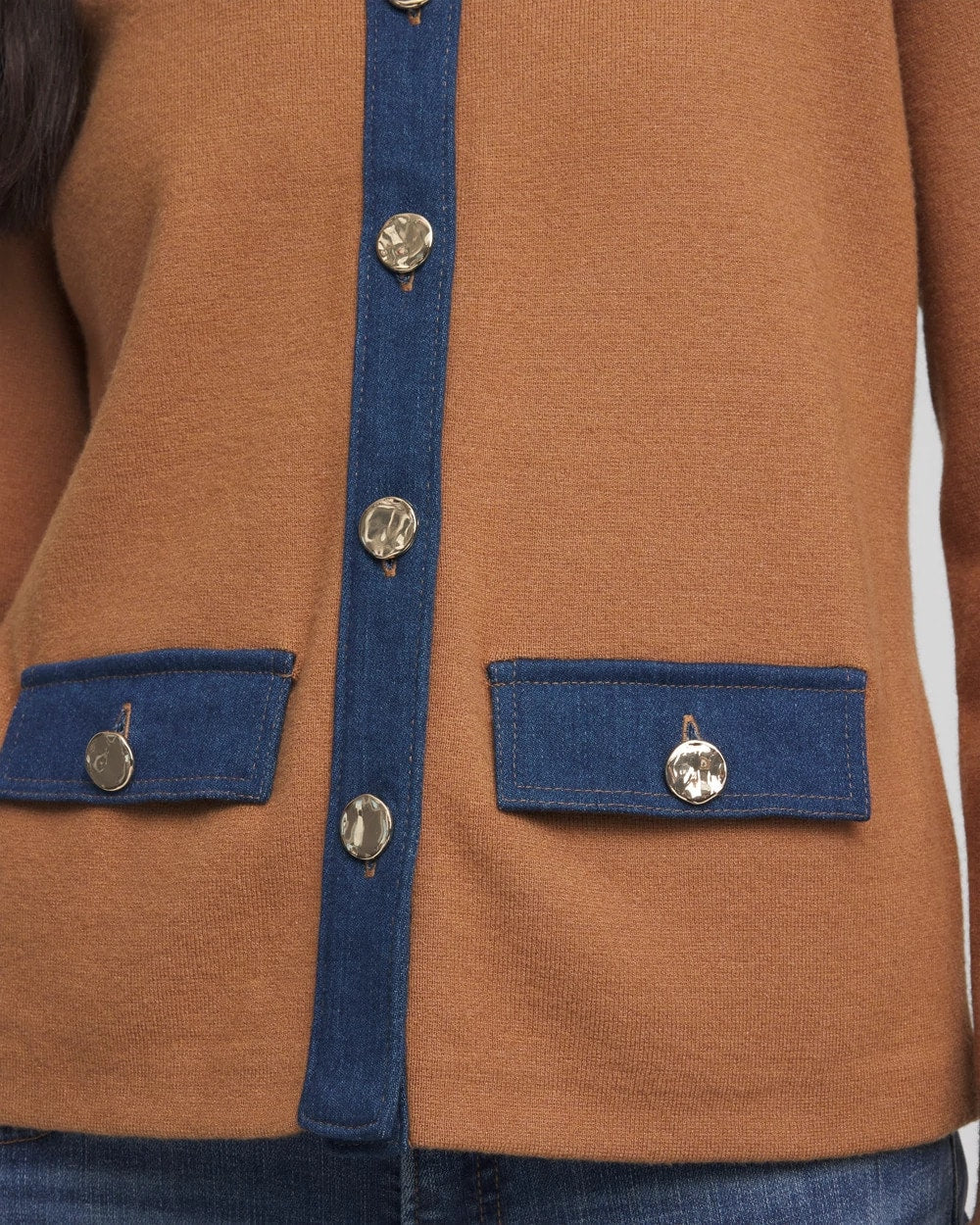 Chico's Collared Denim Trim Cardigan CARAMEL APPLE HEATHER