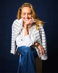 Chico's Striped Tweed Collarless Box Jacket ECRU