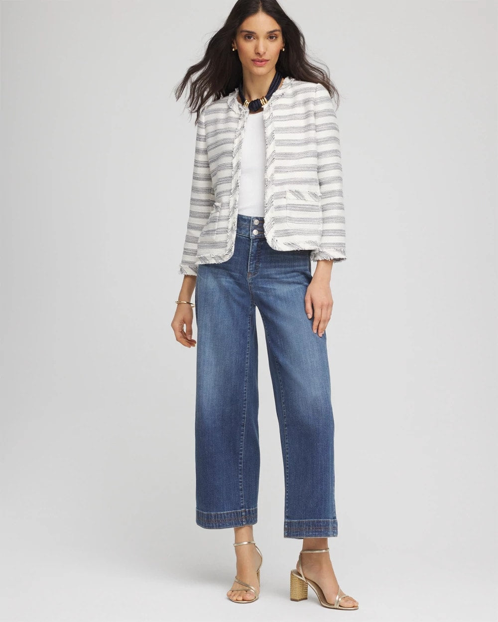 Chico's Striped Tweed Collarless Box Jacket ECRU